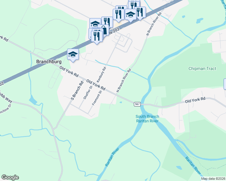 map of restaurants, bars, coffee shops, grocery stores, and more near 1 North Branch River Road in Branchburg