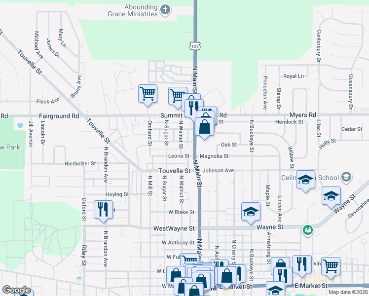 map of restaurants, bars, coffee shops, grocery stores, and more near 810 North Main Street in Celina