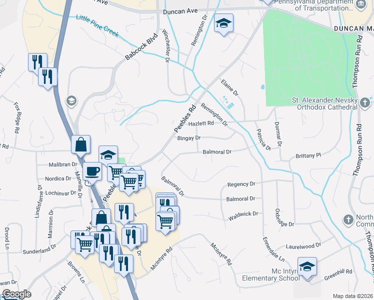 map of restaurants, bars, coffee shops, grocery stores, and more near 1114 Bingay Drive in Pittsburgh