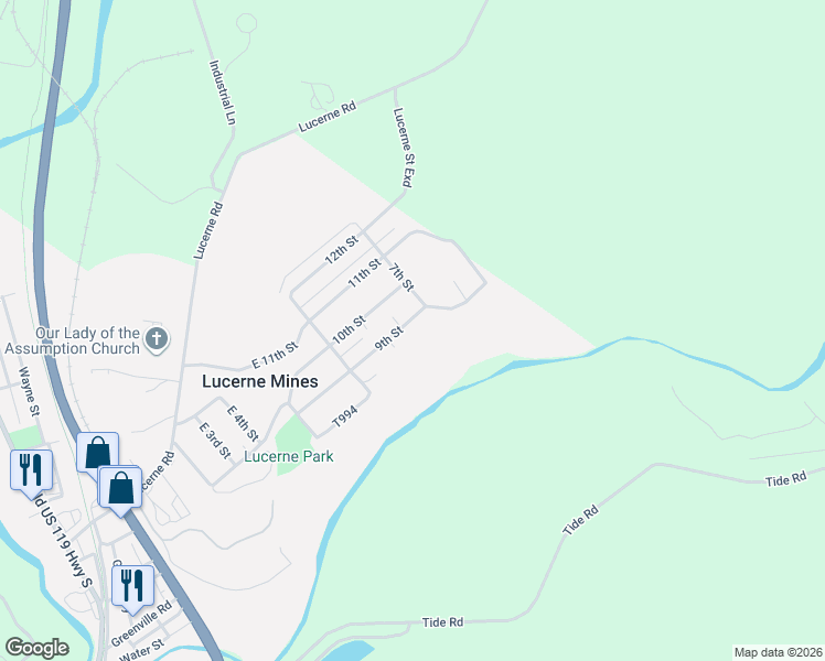 map of restaurants, bars, coffee shops, grocery stores, and more near 85 9th Street in Lucerne Mines