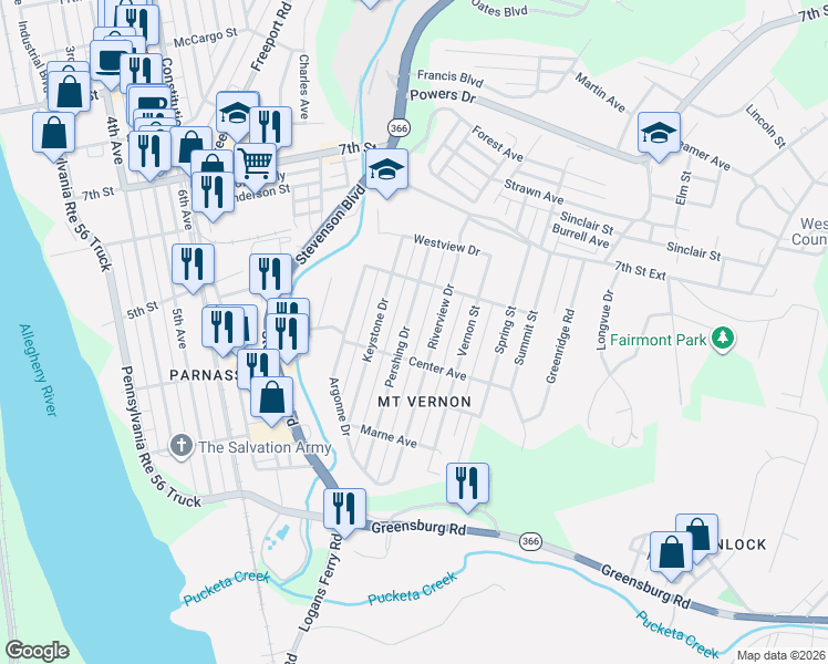 map of restaurants, bars, coffee shops, grocery stores, and more near 441 Pershing Drive in New Kensington