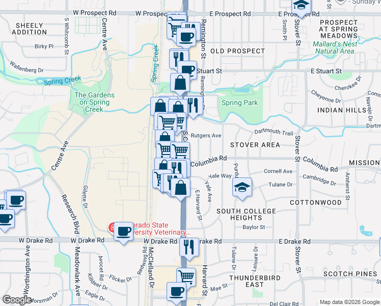 map of restaurants, bars, coffee shops, grocery stores, and more near 2212 South College Avenue in Fort Collins