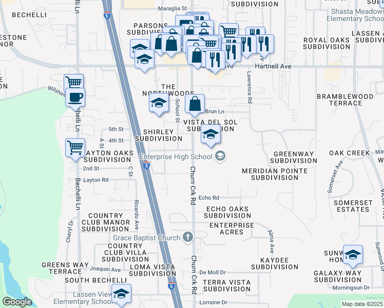 map of restaurants, bars, coffee shops, grocery stores, and more near 952-998 Shirley Lane in Redding