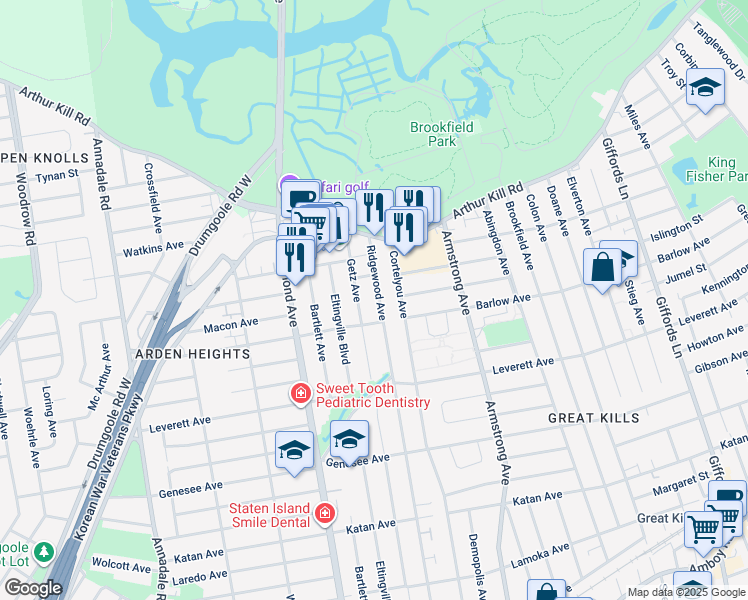 map of restaurants, bars, coffee shops, grocery stores, and more near 75 Getz Avenue in Staten Island