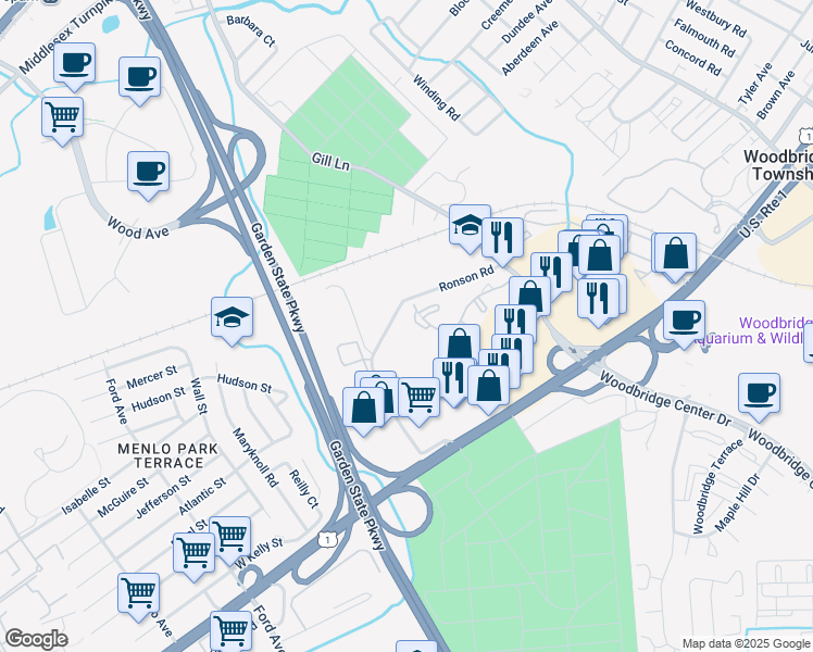 map of restaurants, bars, coffee shops, grocery stores, and more near in Woodbridge Township