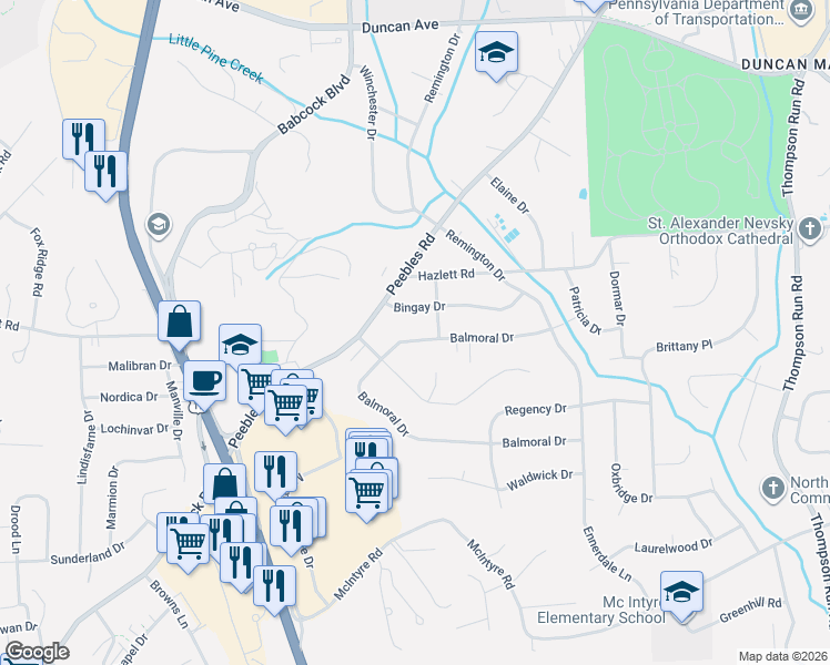 map of restaurants, bars, coffee shops, grocery stores, and more near 1114 Bingay Drive in Pittsburgh