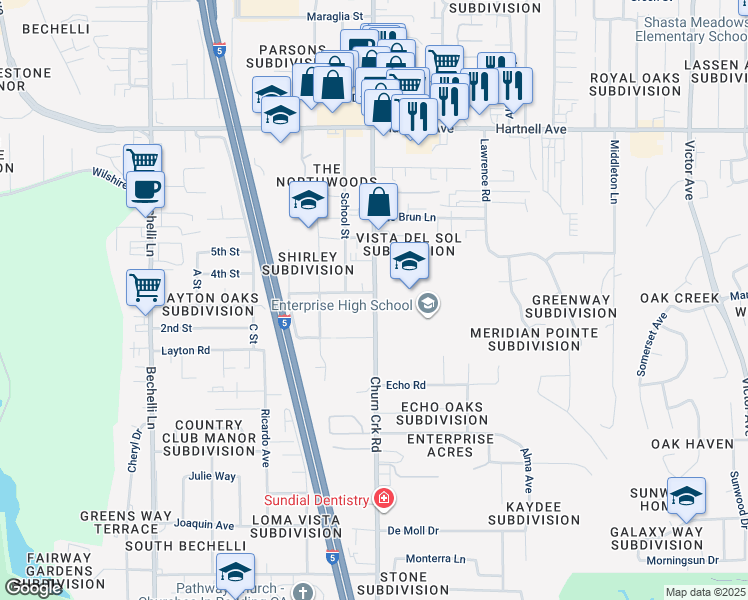 map of restaurants, bars, coffee shops, grocery stores, and more near 3411 Churn Creek Road in Redding