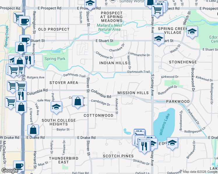 map of restaurants, bars, coffee shops, grocery stores, and more near 2218 Apache Court in Fort Collins