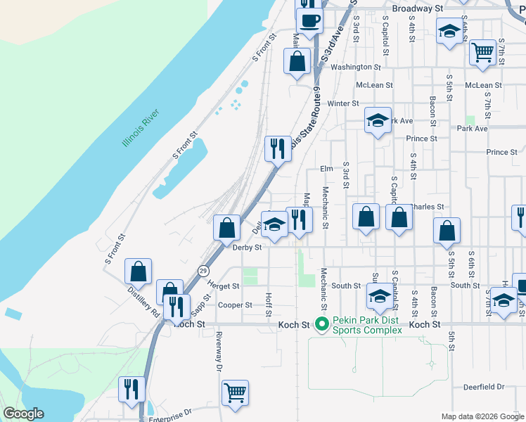 map of restaurants, bars, coffee shops, grocery stores, and more near 1006 Dell Avenue in Pekin