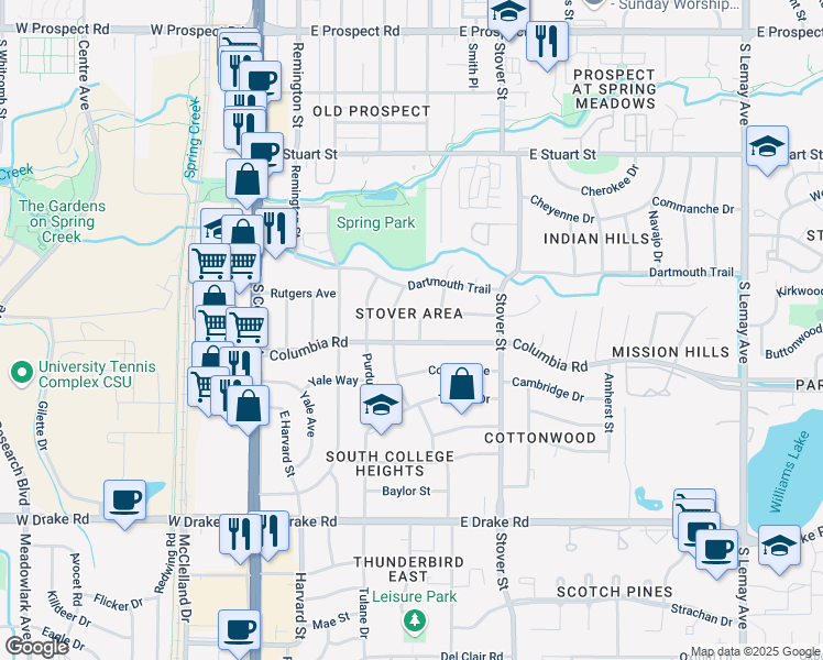 map of restaurants, bars, coffee shops, grocery stores, and more near 404 Duke Lane in Fort Collins