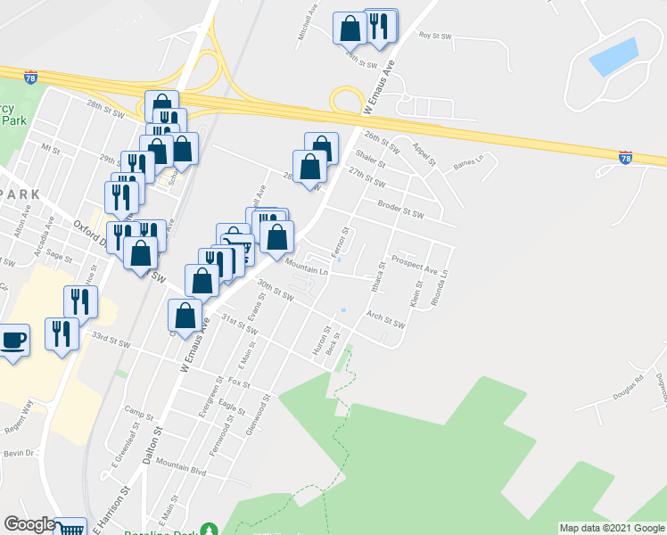 map of restaurants, bars, coffee shops, grocery stores, and more near 2850 Fernor Street in Allentown