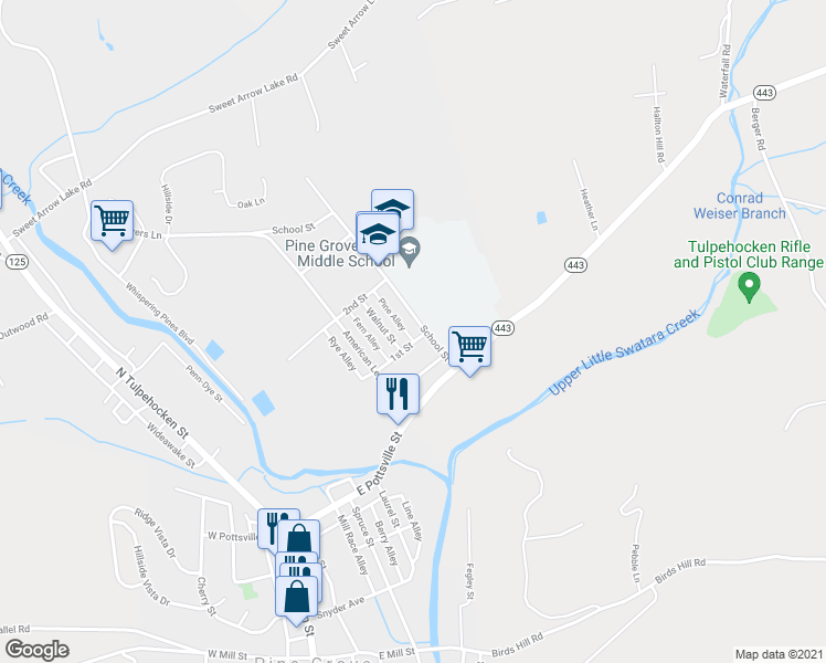 map of restaurants, bars, coffee shops, grocery stores, and more near 100 School Street in Pine Grove