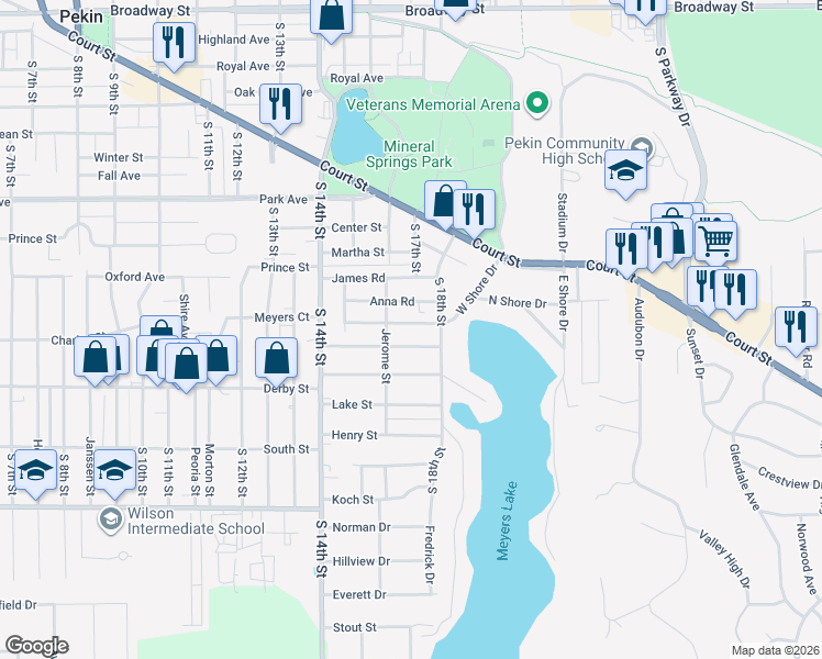map of restaurants, bars, coffee shops, grocery stores, and more near 1505 Tennell Road in Pekin