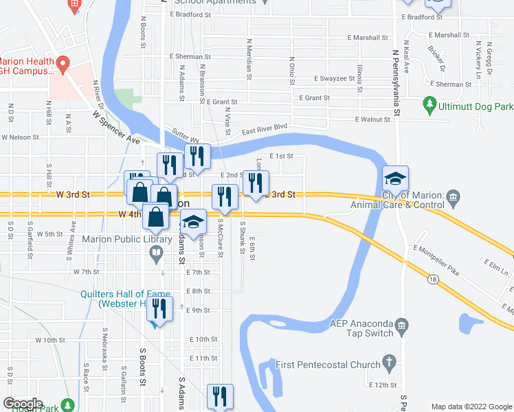 map of restaurants, bars, coffee shops, grocery stores, and more near 501 East 4th Street in Marion