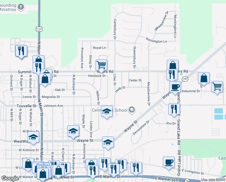 map of restaurants, bars, coffee shops, grocery stores, and more near 824 Hemlock Street in Celina