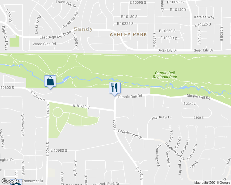 map of restaurants, bars, coffee shops, grocery stores, and more near 2015 Dimple Dell Road in Sandy