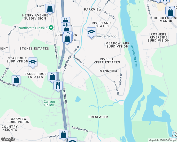 map of restaurants, bars, coffee shops, grocery stores, and more near 2625 Wyndham Lane in Redding