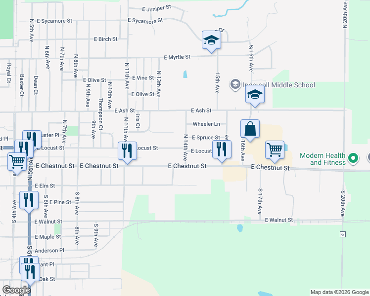 map of restaurants, bars, coffee shops, grocery stores, and more near 1359 E Locust St in Canton