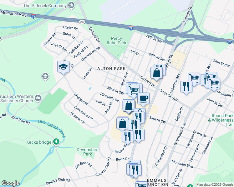 map of restaurants, bars, coffee shops, grocery stores, and more near 1826 32nd Street Southwest in Allentown