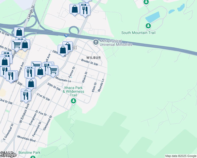 map of restaurants, bars, coffee shops, grocery stores, and more near 2830 Klein Street in Allentown