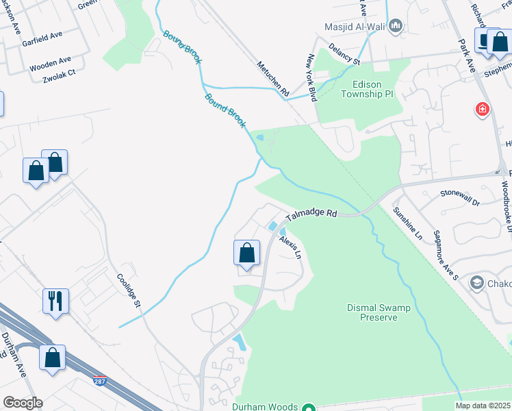 map of restaurants, bars, coffee shops, grocery stores, and more near 253 Prestwick Way in Edison