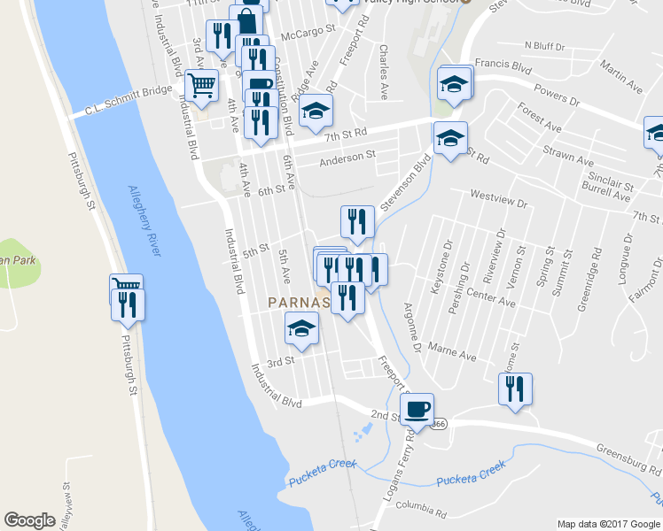 map of restaurants, bars, coffee shops, grocery stores, and more near 440 Freeport Street in New Kensington