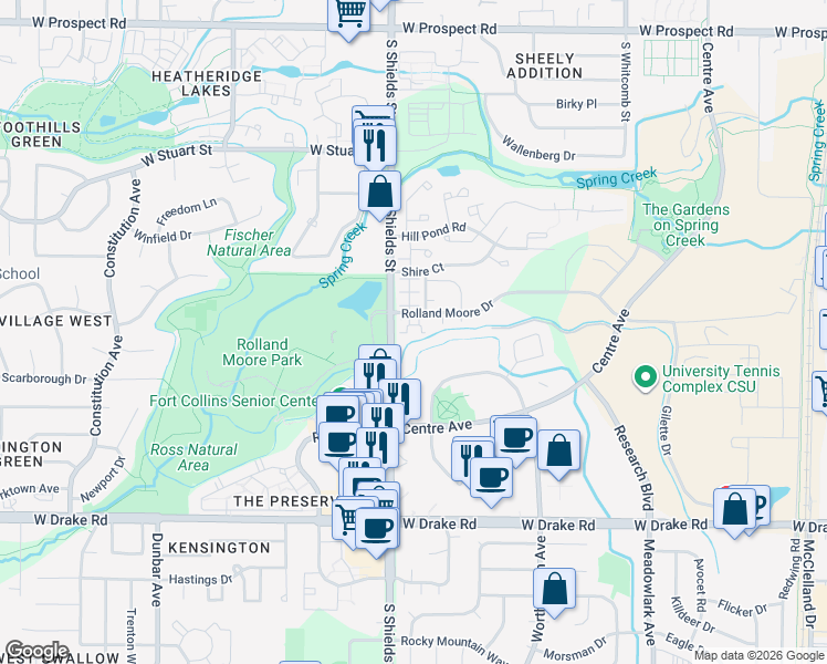 map of restaurants, bars, coffee shops, grocery stores, and more near 1021 Rolland Moore Drive in Fort Collins