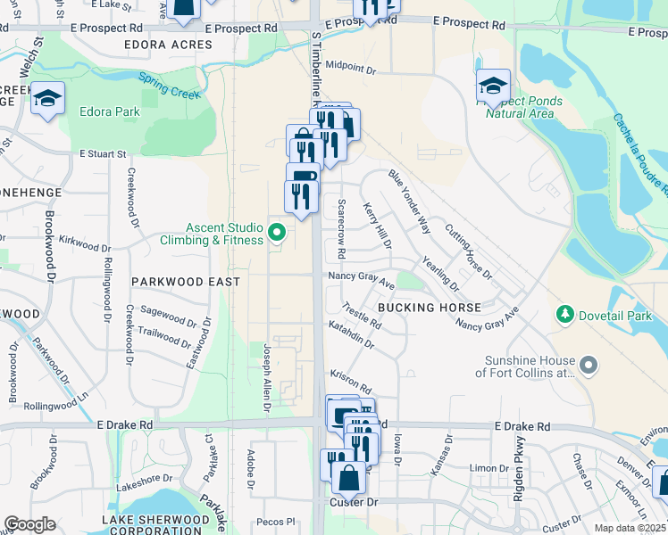 map of restaurants, bars, coffee shops, grocery stores, and more near 2110 Nancy Gray Avenue in Fort Collins