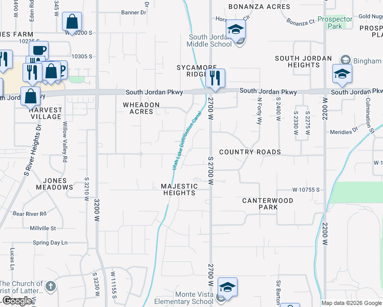 map of restaurants, bars, coffee shops, grocery stores, and more near 10614 Urban Ridge Road in South Jordan