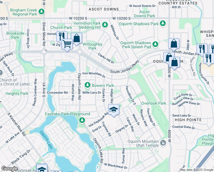 map of restaurants, bars, coffee shops, grocery stores, and more near 10611 Ozarks Drive in South Jordan