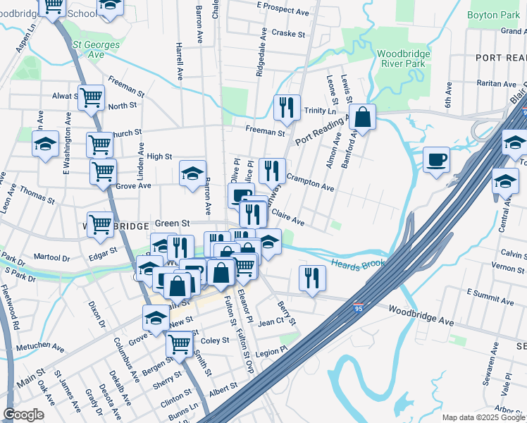 map of restaurants, bars, coffee shops, grocery stores, and more near 501 Rahway Avenue in Woodbridge Township