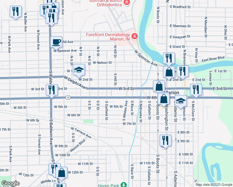 map of restaurants, bars, coffee shops, grocery stores, and more near 619 W 3rd St in Marion