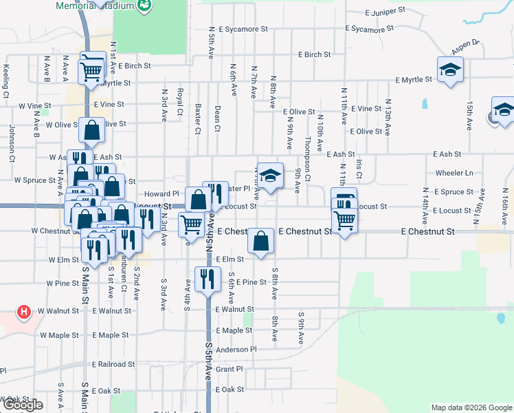 map of restaurants, bars, coffee shops, grocery stores, and more near 699 E Locust St in Canton