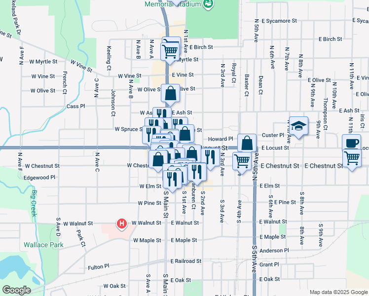 map of restaurants, bars, coffee shops, grocery stores, and more near 101 East Locust Street in Canton