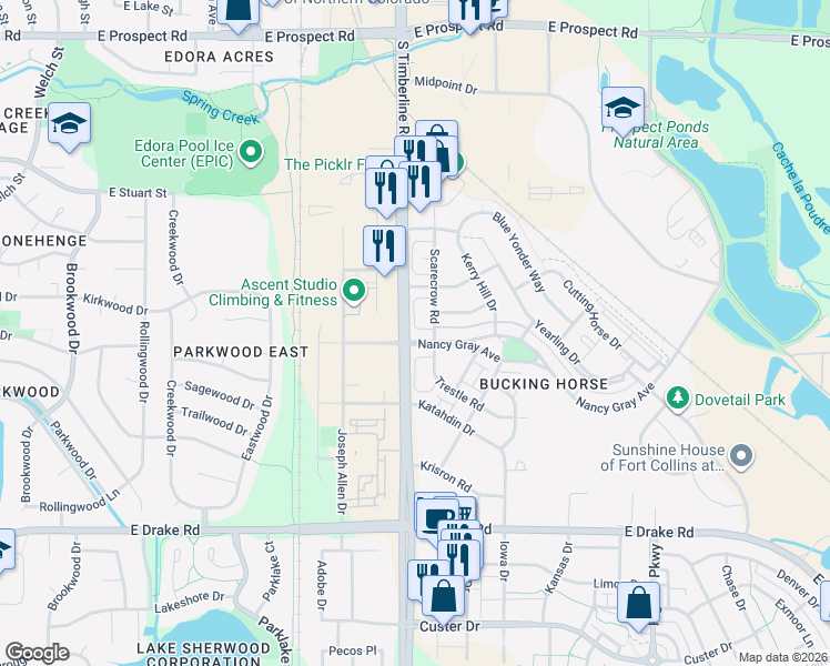 map of restaurants, bars, coffee shops, grocery stores, and more near 2102 Nancy Gray Avenue in Fort Collins