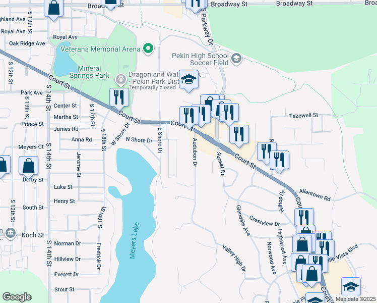 map of restaurants, bars, coffee shops, grocery stores, and more near 707 Audubon Drive in Pekin
