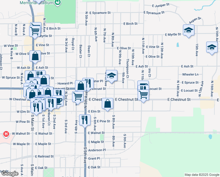 map of restaurants, bars, coffee shops, grocery stores, and more near 749 East Locust Street in Canton