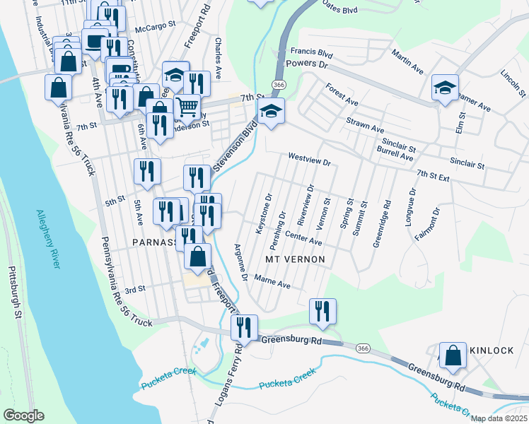 map of restaurants, bars, coffee shops, grocery stores, and more near 417 Keystone Drive in New Kensington