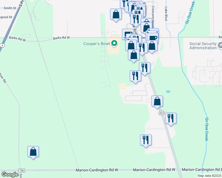 map of restaurants, bars, coffee shops, grocery stores, and more near 1663 Southland Parkway in Marion