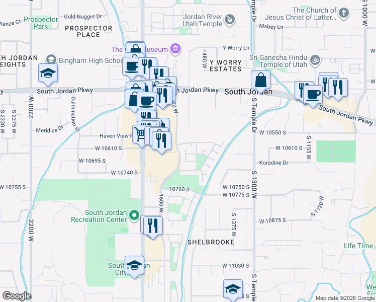 map of restaurants, bars, coffee shops, grocery stores, and more near 1542 West Myrtlewood Lane in South Jordan