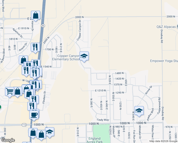 map of restaurants, bars, coffee shops, grocery stores, and more near 1492 North 380 East in Tooele