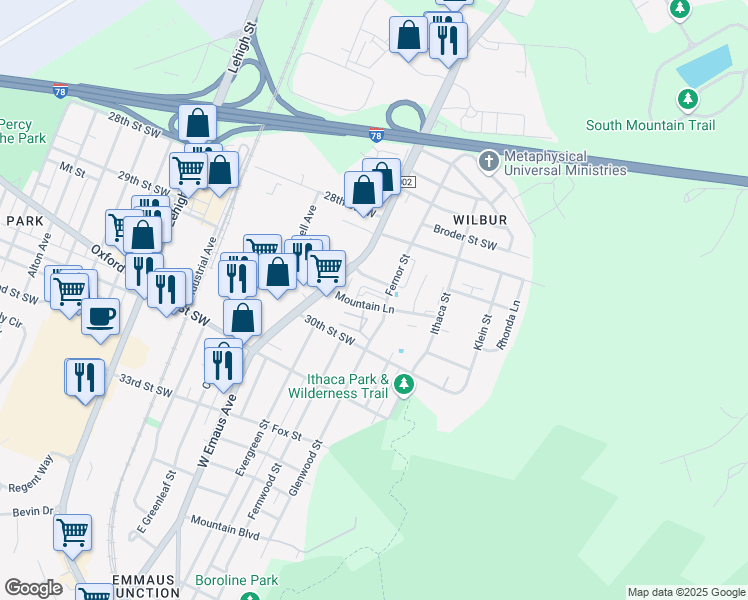 map of restaurants, bars, coffee shops, grocery stores, and more near 2433 Mountain Lane in Allentown