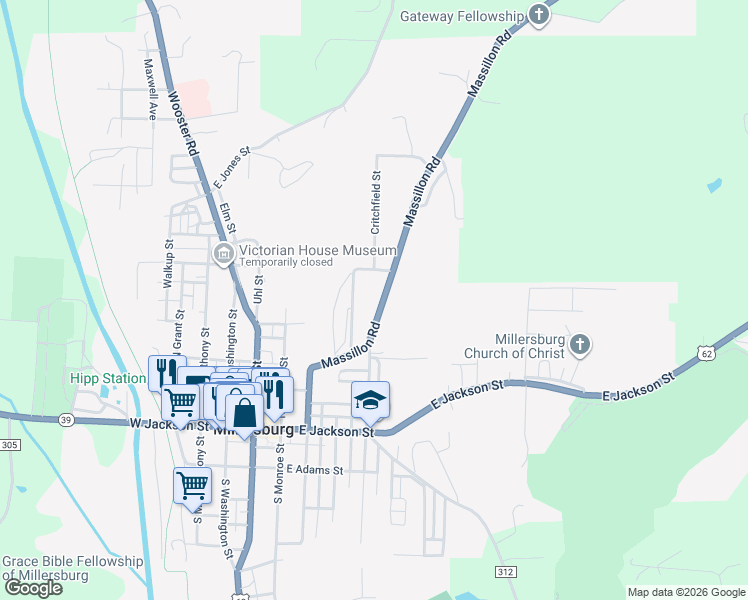 map of restaurants, bars, coffee shops, grocery stores, and more near 508 Massillon Road in Millersburg