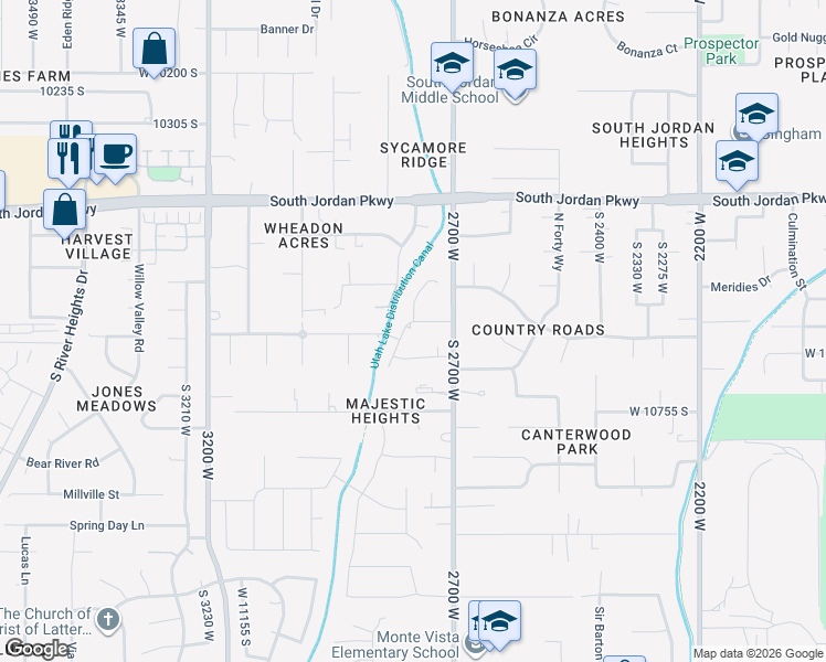 map of restaurants, bars, coffee shops, grocery stores, and more near 10614 Urban Ridge Road in South Jordan
