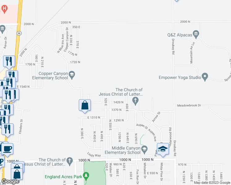 map of restaurants, bars, coffee shops, grocery stores, and more near 581 East 1480 North in Tooele