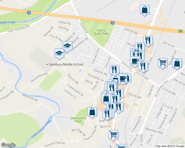 map of restaurants, bars, coffee shops, grocery stores, and more near 1754 Piccadilly Cir in Allentown