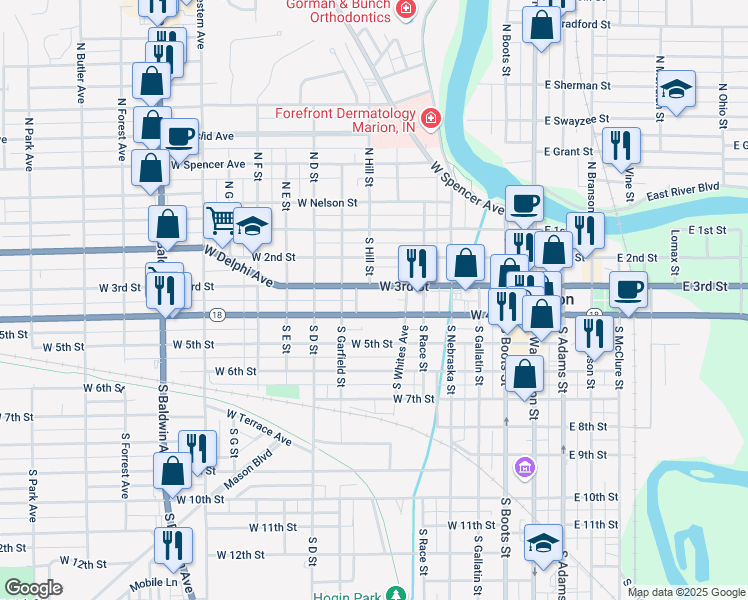 map of restaurants, bars, coffee shops, grocery stores, and more near 619 West 3rd Street in Marion