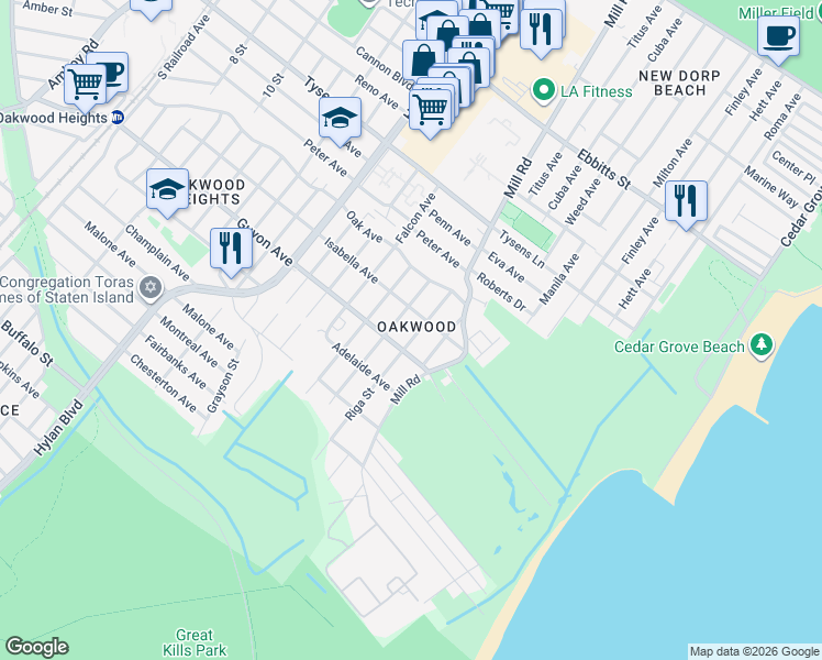 map of restaurants, bars, coffee shops, grocery stores, and more near 455 Riga Street in Staten Island