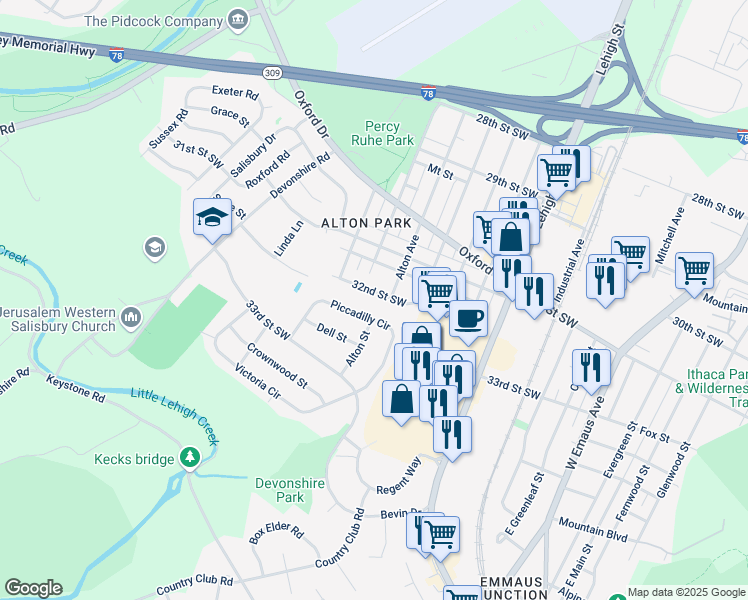 map of restaurants, bars, coffee shops, grocery stores, and more near 1826 32nd Street Southwest in Allentown