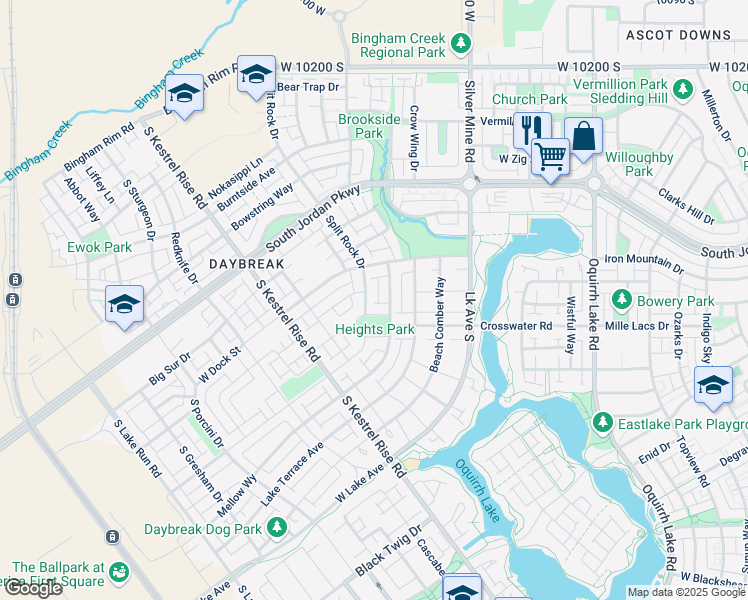 map of restaurants, bars, coffee shops, grocery stores, and more near 10617 South Split Rock Drive in South Jordan